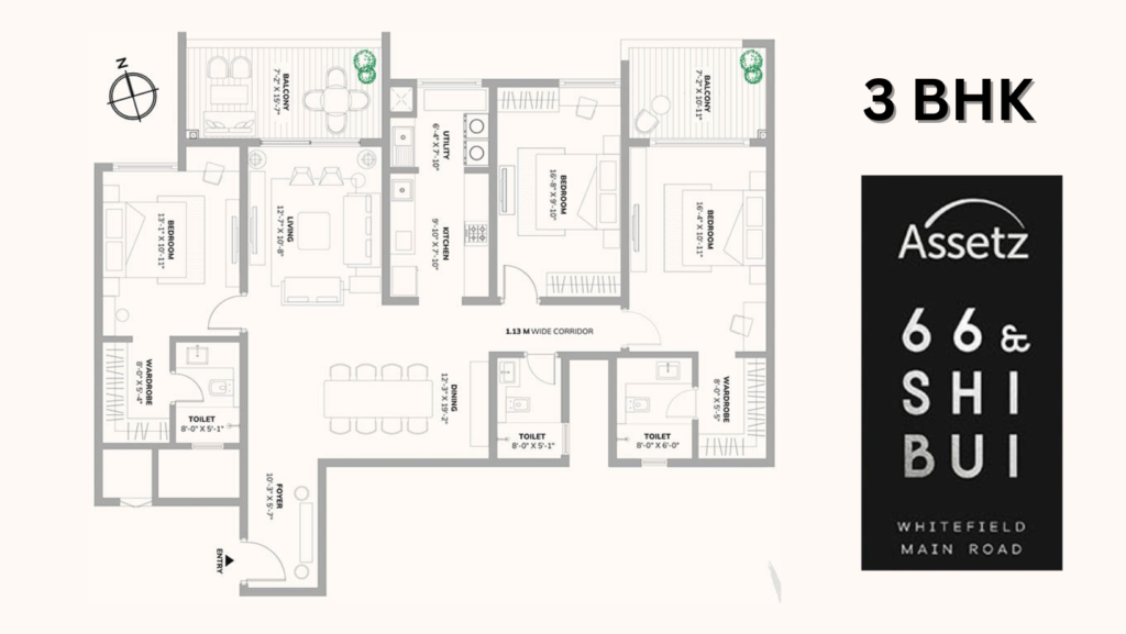 3BHK floor plan Assetz 66 Shibui